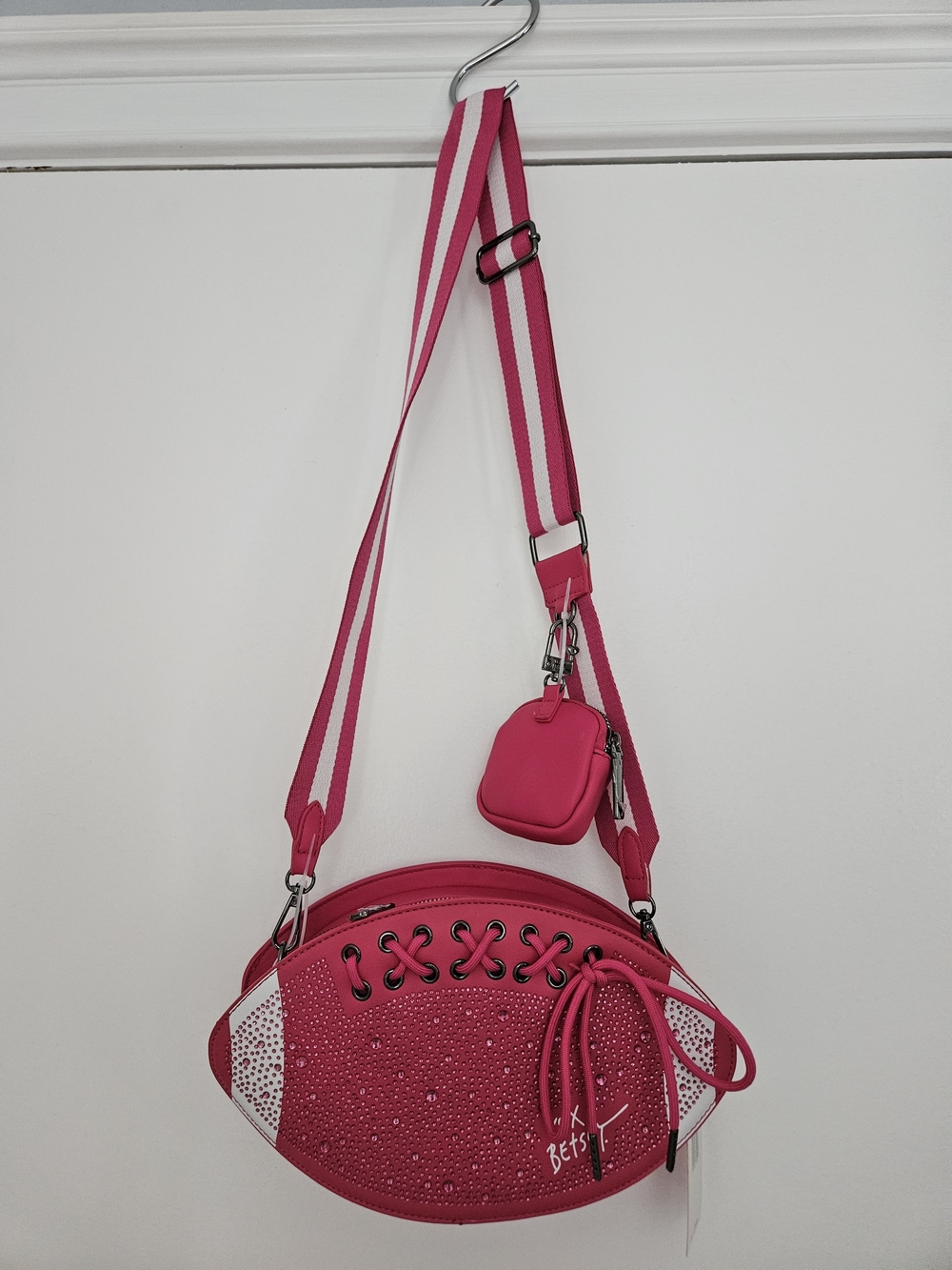 Betsey Johnson Hot Pink Rhinestone Football Crossbody with Striped Strap